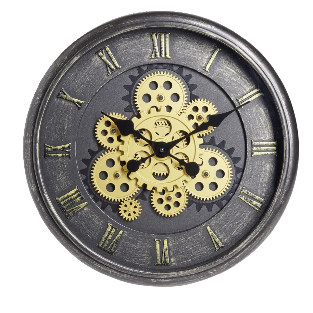 Horloge ronde motif engrenage plastique noir et doré Ø40cm