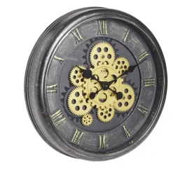 Horloge ronde motif engrenage plastique noir et doré Ø40cm