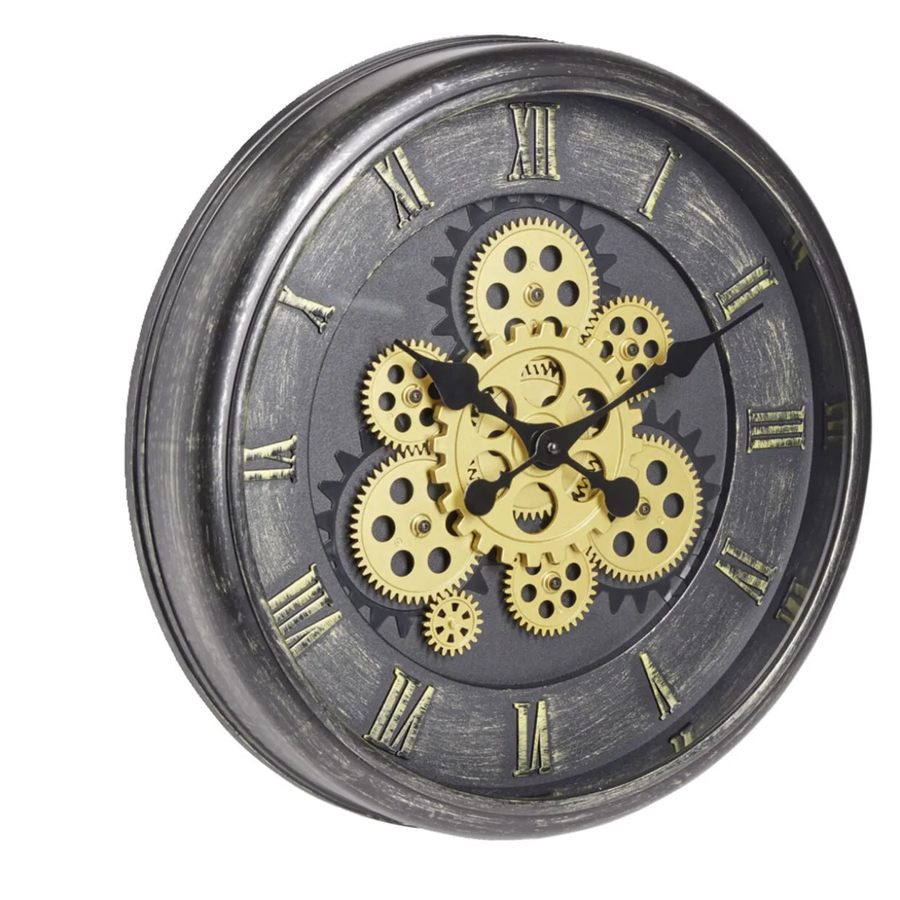 Horloge ronde motif engrenage plastique noir et doré Ø40cm
