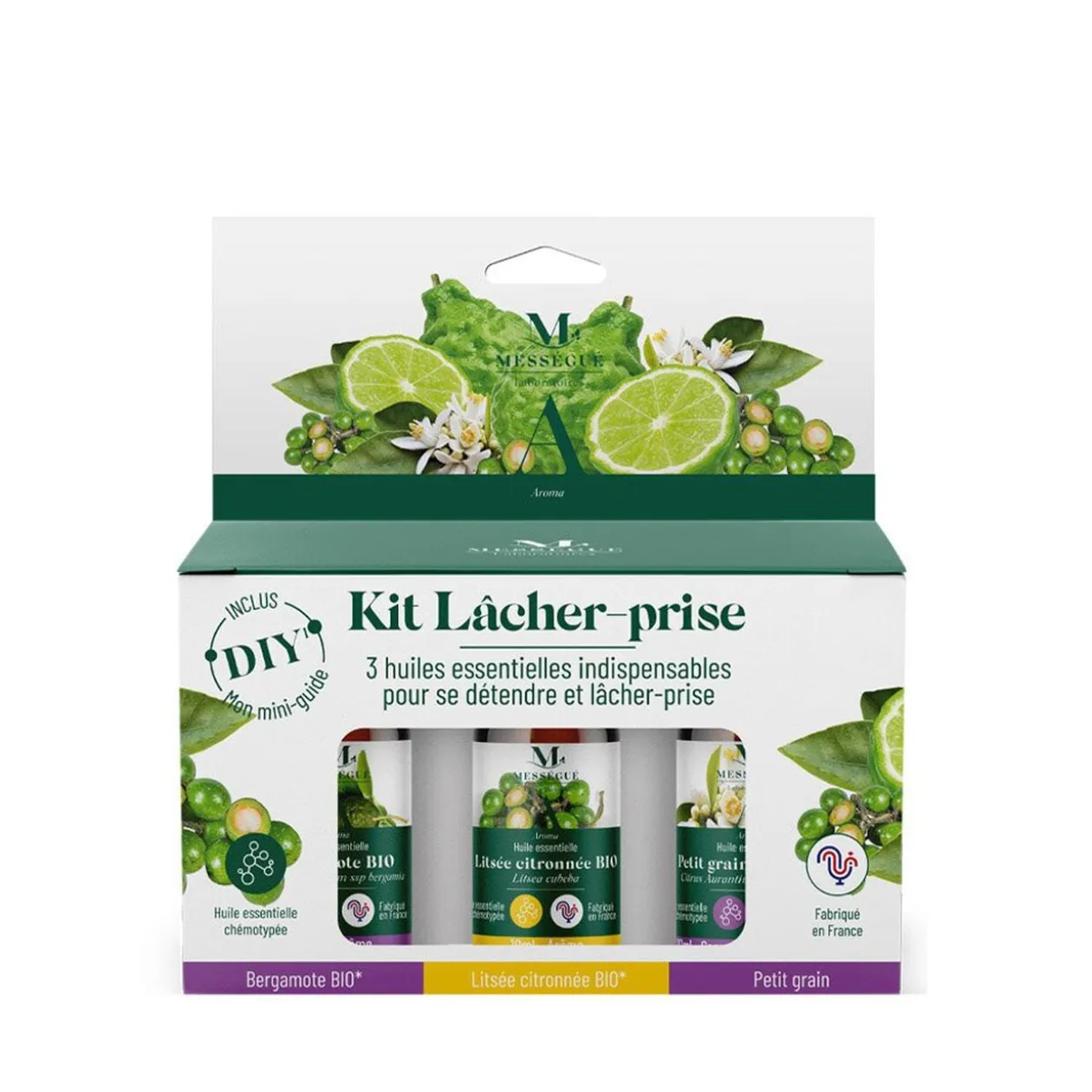 Huile essentielle bio x3 kit lâcher prise Mességué bergamote litsée petit grain 3x10ml