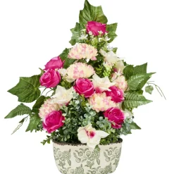 Jardinière céramique chrysanthèmes roses orchidées lierre 58x10xH62cm (3 modèles)