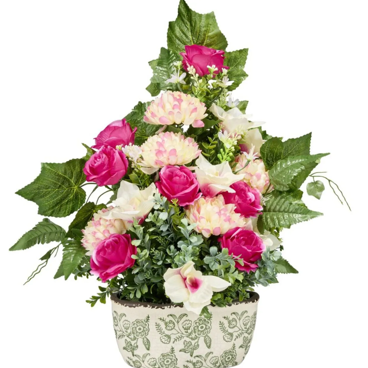 Jardinière céramique chrysanthèmes roses orchidées lierre 58x10xH62cm (3 modèles)