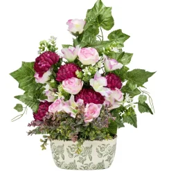 Jardinière céramique chrysanthèmes roses orchidées lierre 58x10xH62cm (3 modèles)