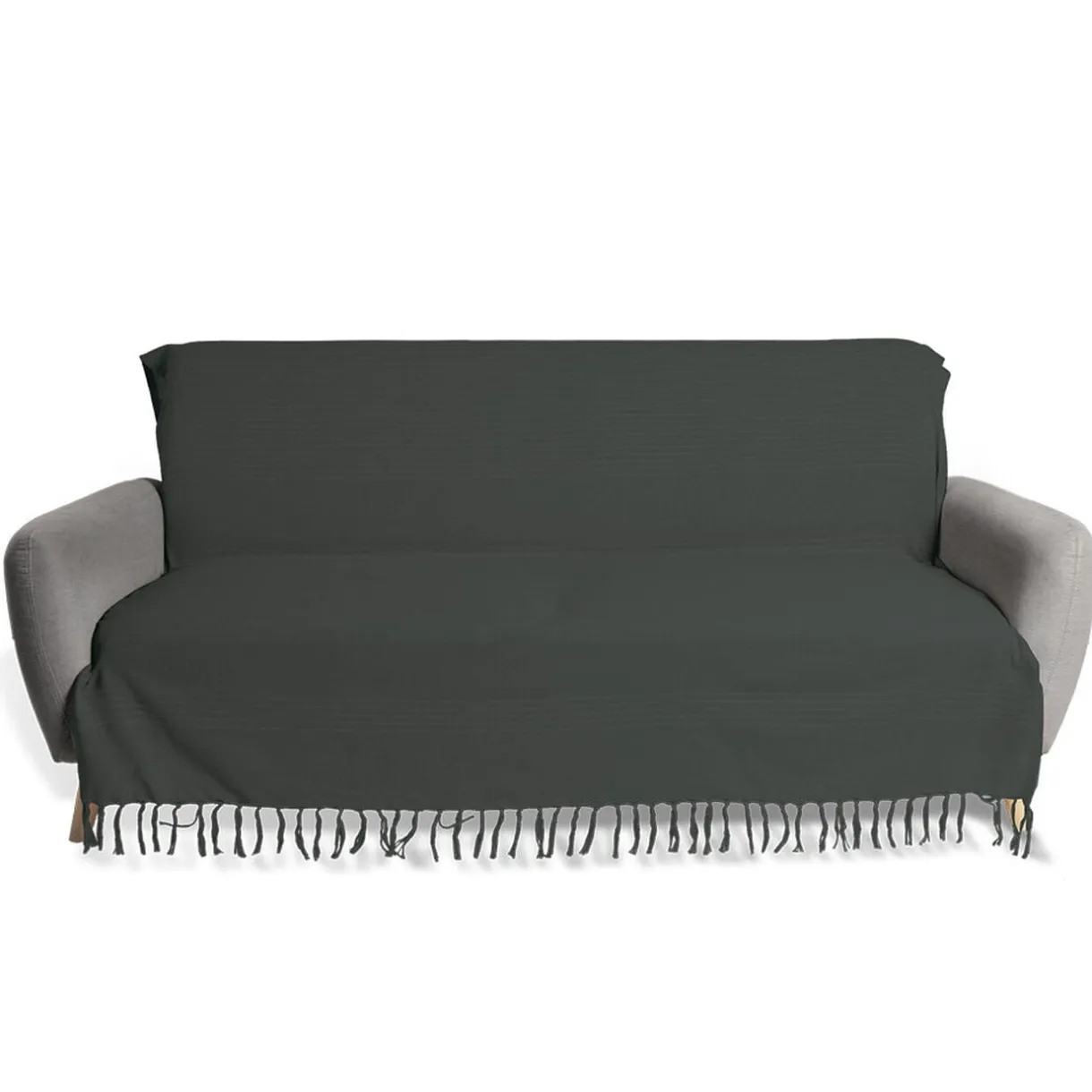 Jeté de canapé 170x250cm à franges 100% coton bleu