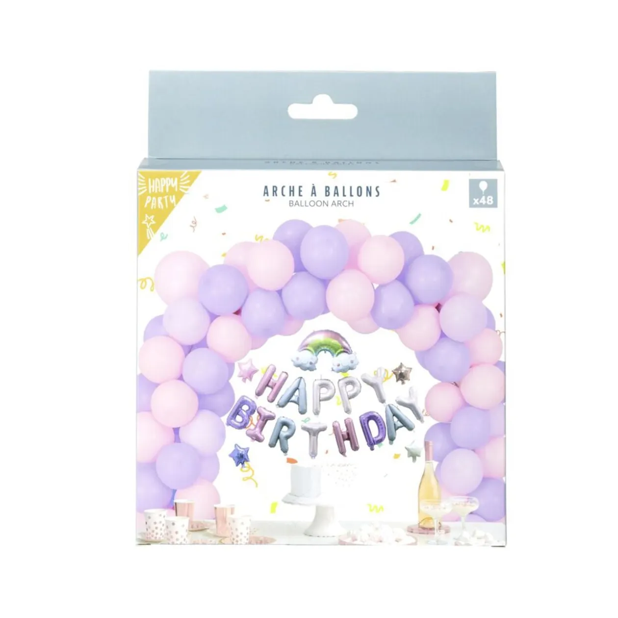 Kit arche à ballons alu et latex x48 Happy Birthday licorne tons rose et violet