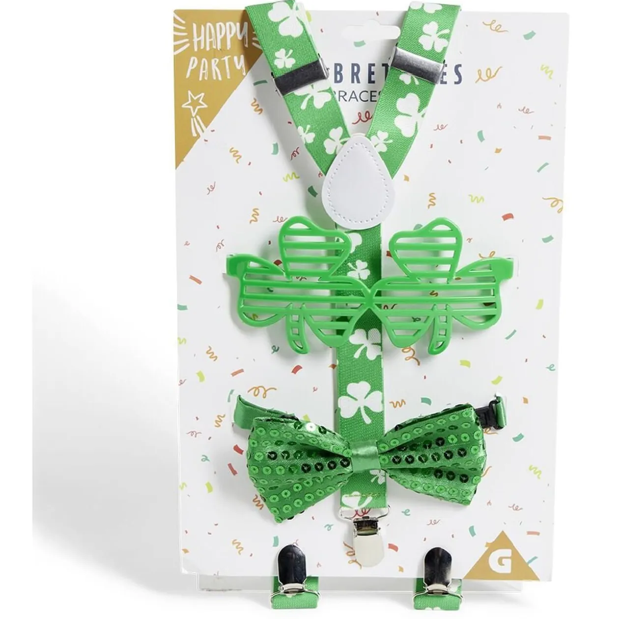 Kit bretelles, lunettes et noeud papillon Saint-Patrick vert