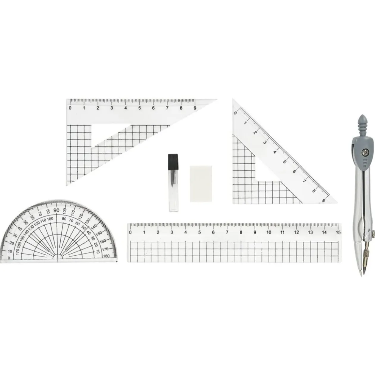 Kit complet compas règle équerre rapporteur 8 pièces