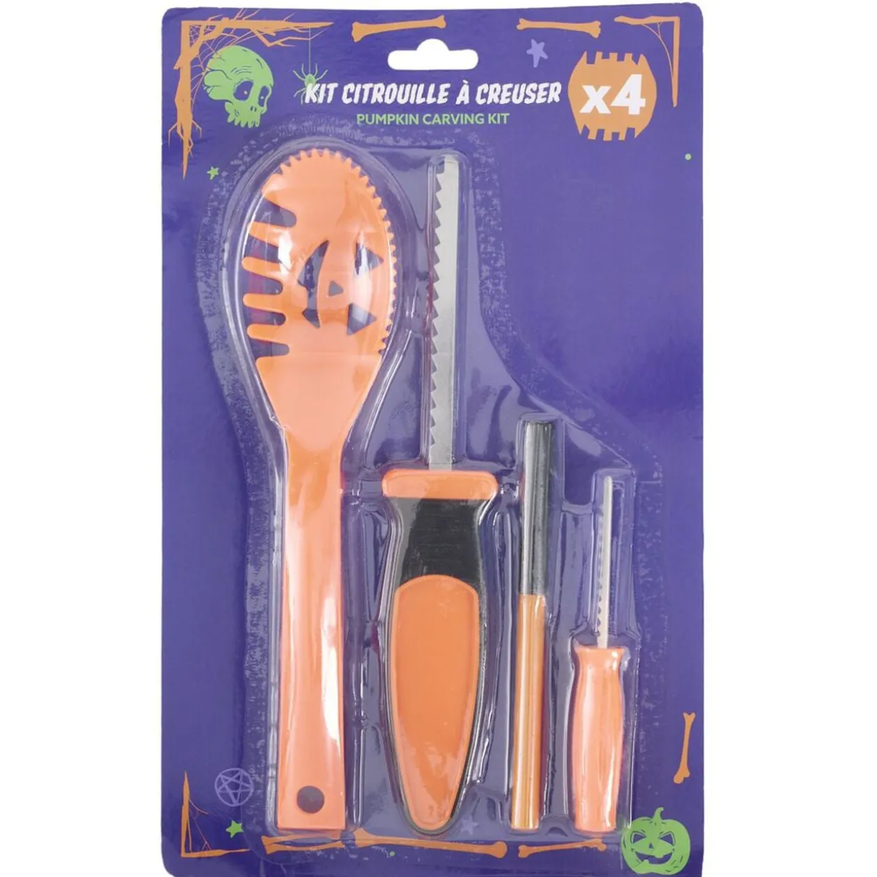 Kit outil de sculpture pour citrouille x4 plastique orange et fer