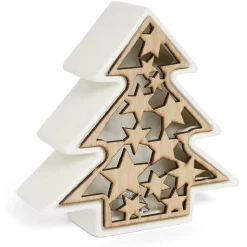 Lampe LED Noël céramique et bois 17x5,5x17cm