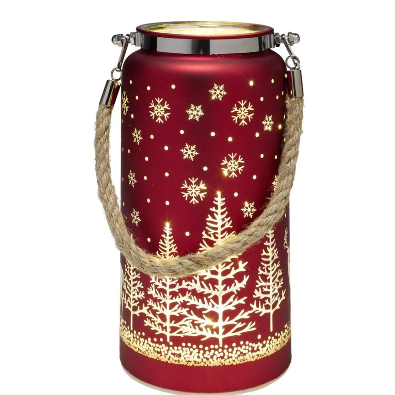 Lanterne décorative 12 LED motif Noël verre rouge H20cm