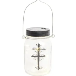 Lanterne funéraire solaire LED en verre avec croix à l'intérieur Ø7xH14cm