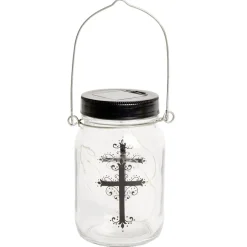 Lanterne funéraire solaire LED en verre avec croix à l'intérieur Ø7xH14cm