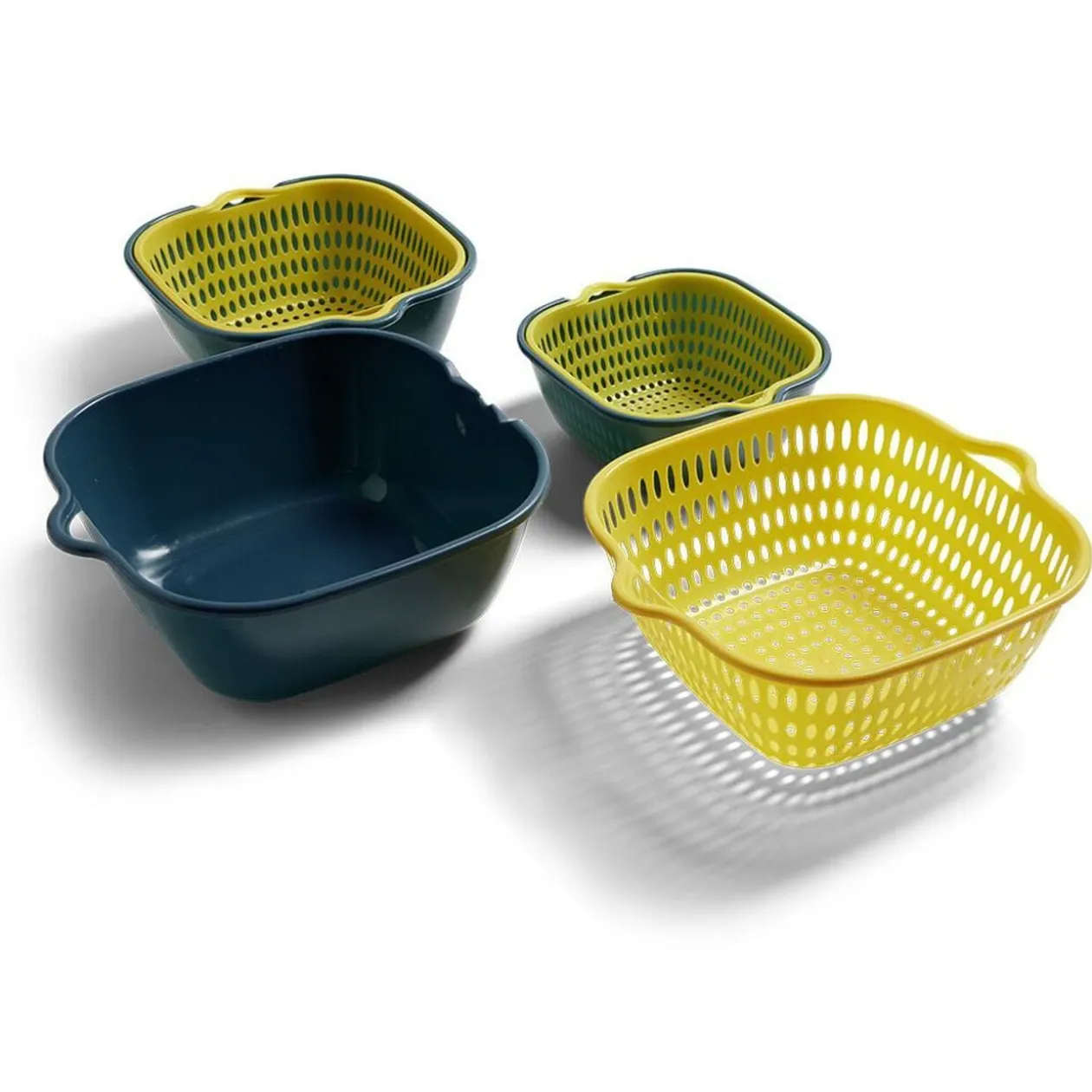 Lot de 3 passoires cuvettes carrées bleues et jaunes