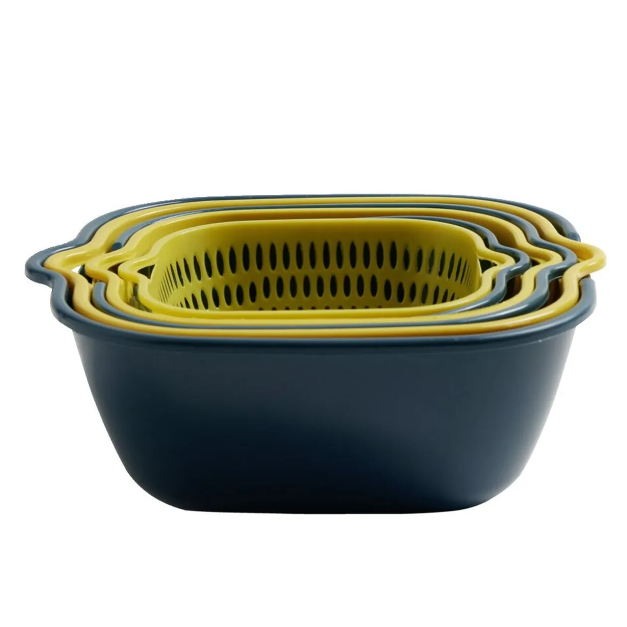 Lot de 3 passoires cuvettes carrées bleues et jaunes