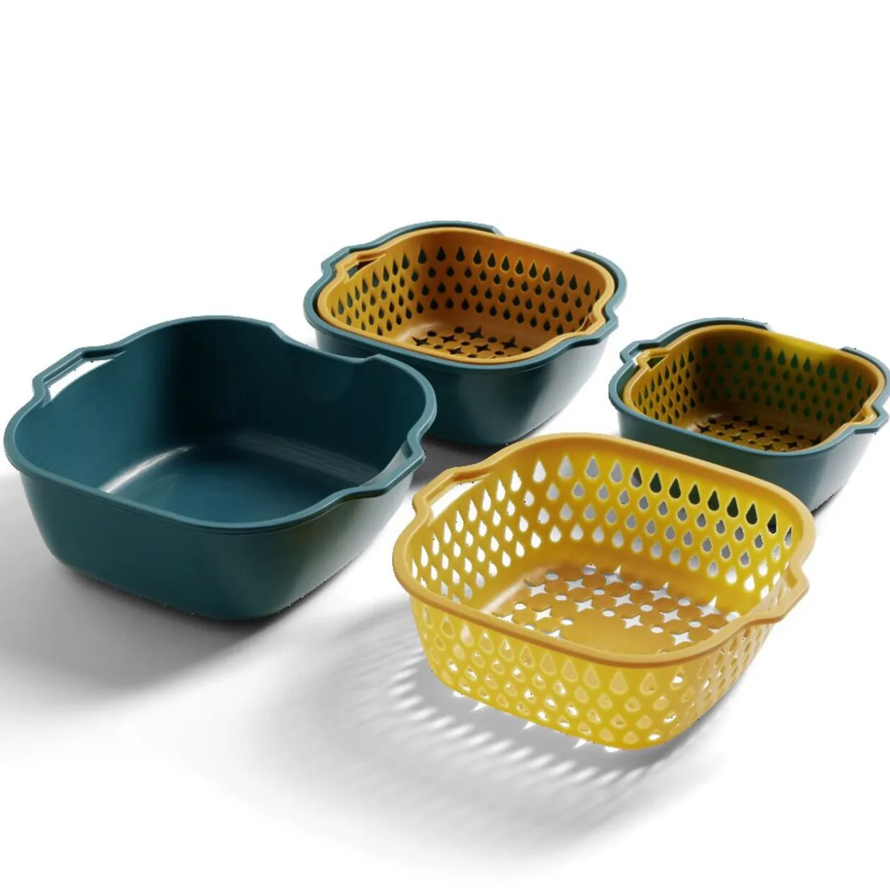 Lot de 3 passoires cuvettes carrées bleues et jaunes
