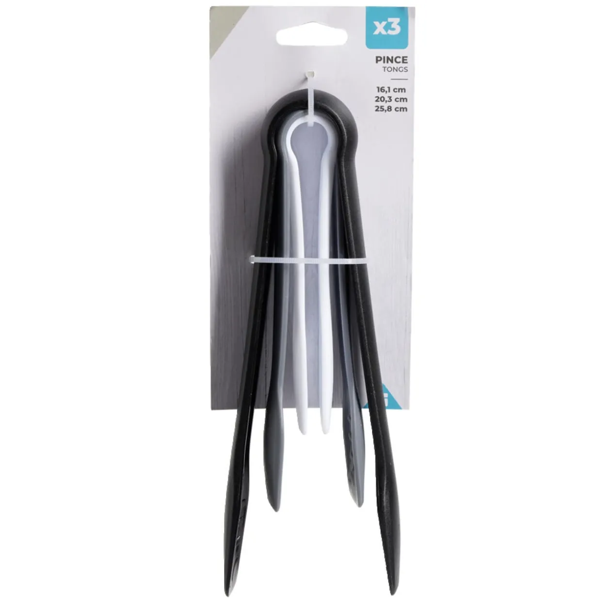 Lot de 3 pinces alimentaires plastique noir/blanc/gris