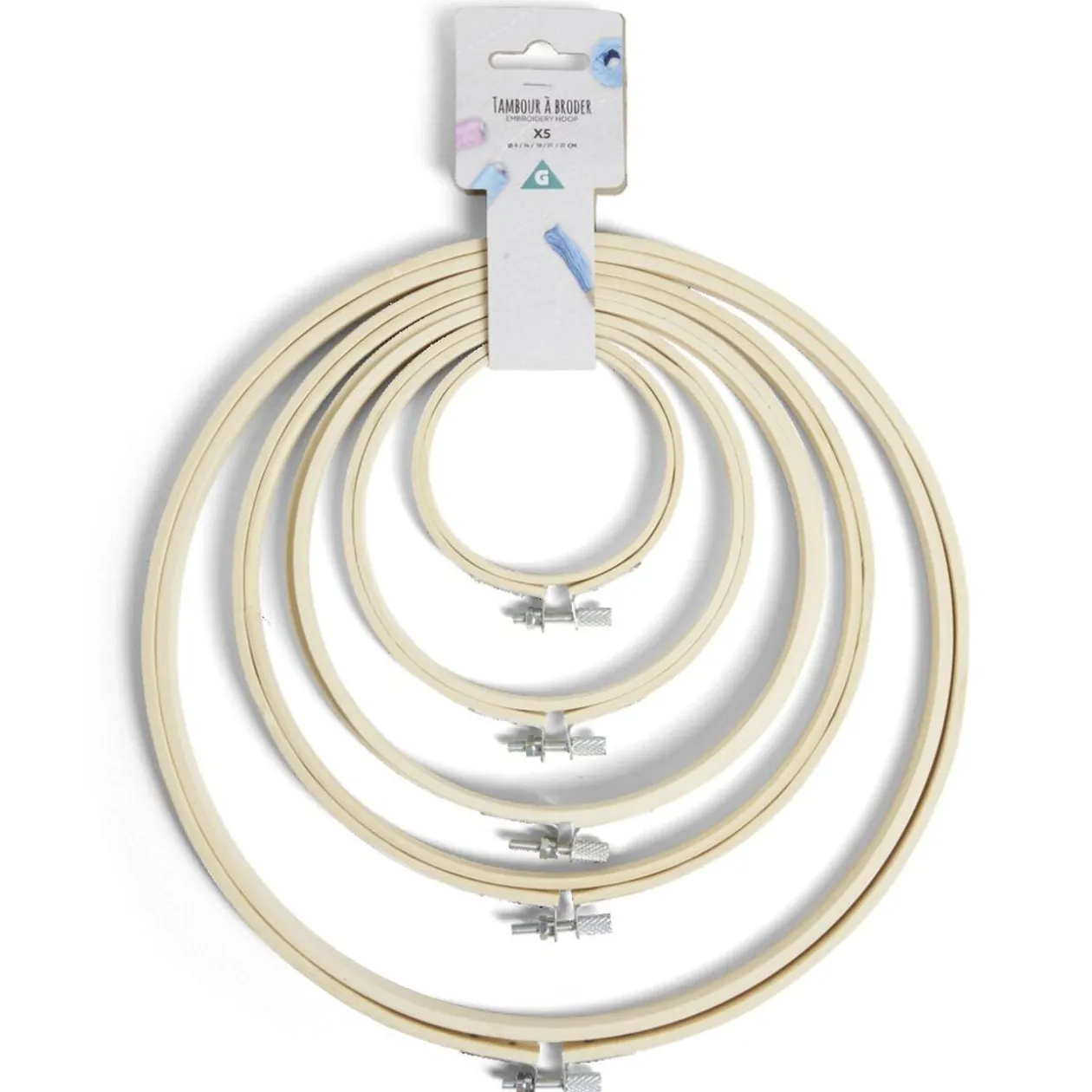 Lot de 5 tambours à broder différents diamètres bambou beige