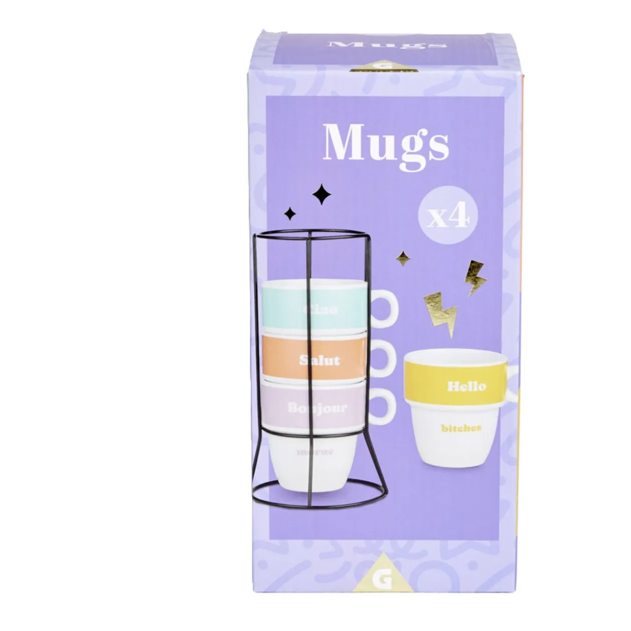 Lot de 4 tasses à café message avec support
