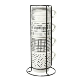 Lot de 4 tasses empilables 20cl porcelaine blanc et noir avec support métal < Gifi New
