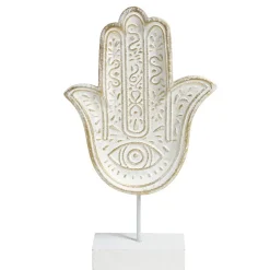 Main de Fatma gravée à poser en bois et métal blanc 16xH28,5cm