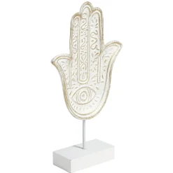 Main de Fatma gravée à poser en bois et métal blanc 16xH28,5cm