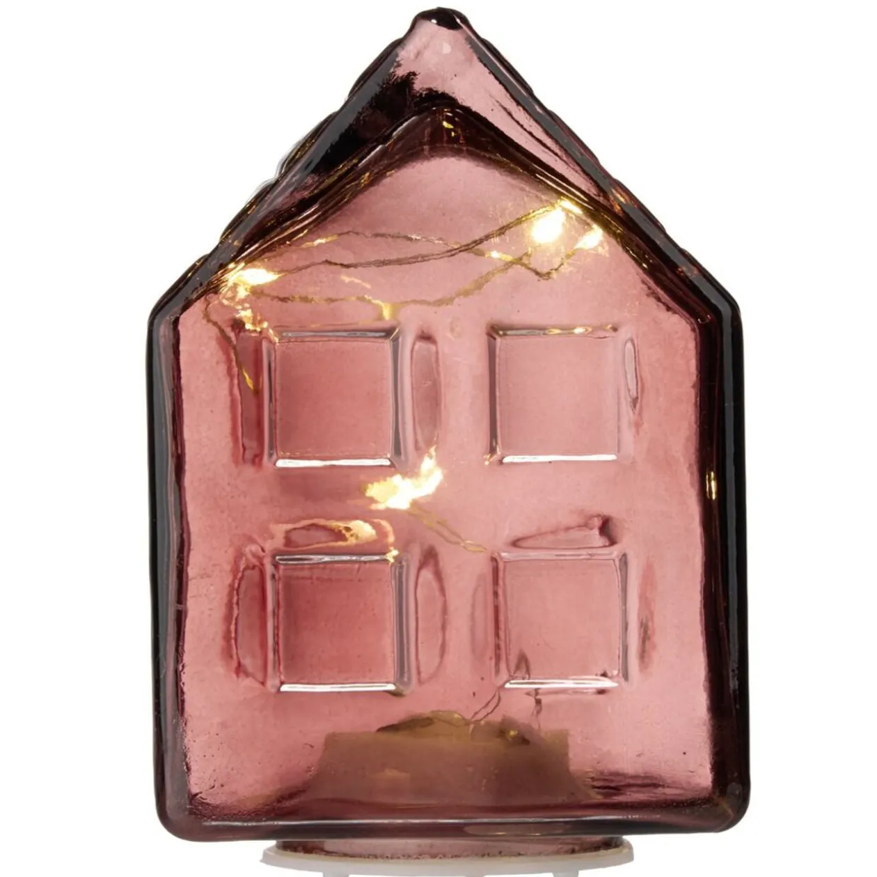 Maison déco à poser à LED en verre 6,5x6,5xH9cm (4 modèles)