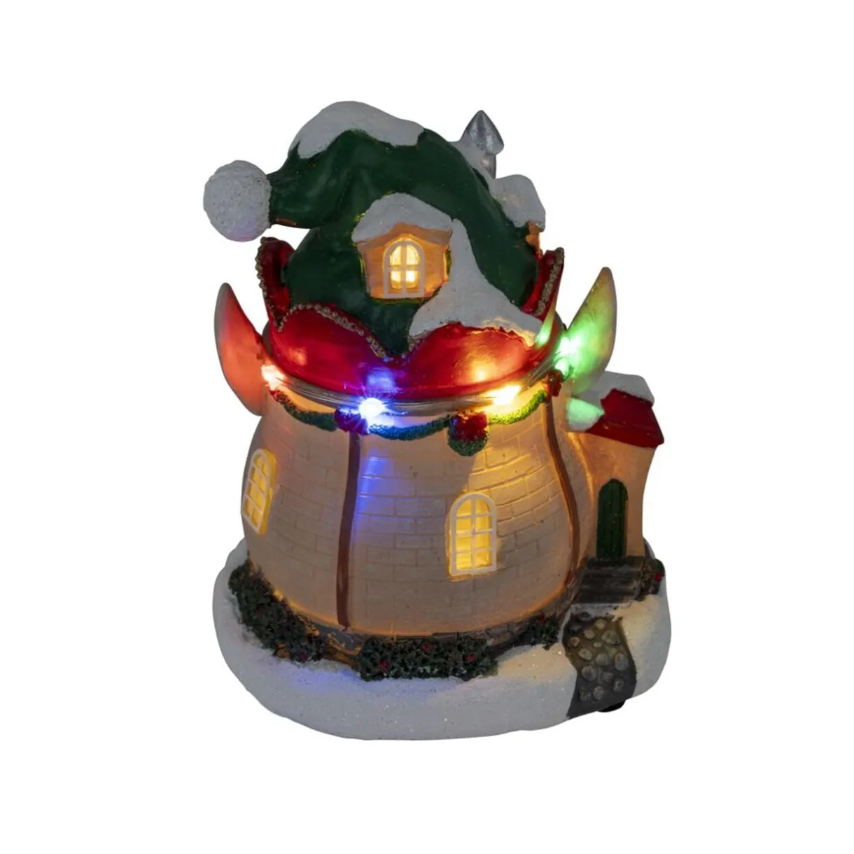 Maison de Noël lumineuse forme lutin rouge et vert polyrésine 11x10xH14cm < Gifi Outlet