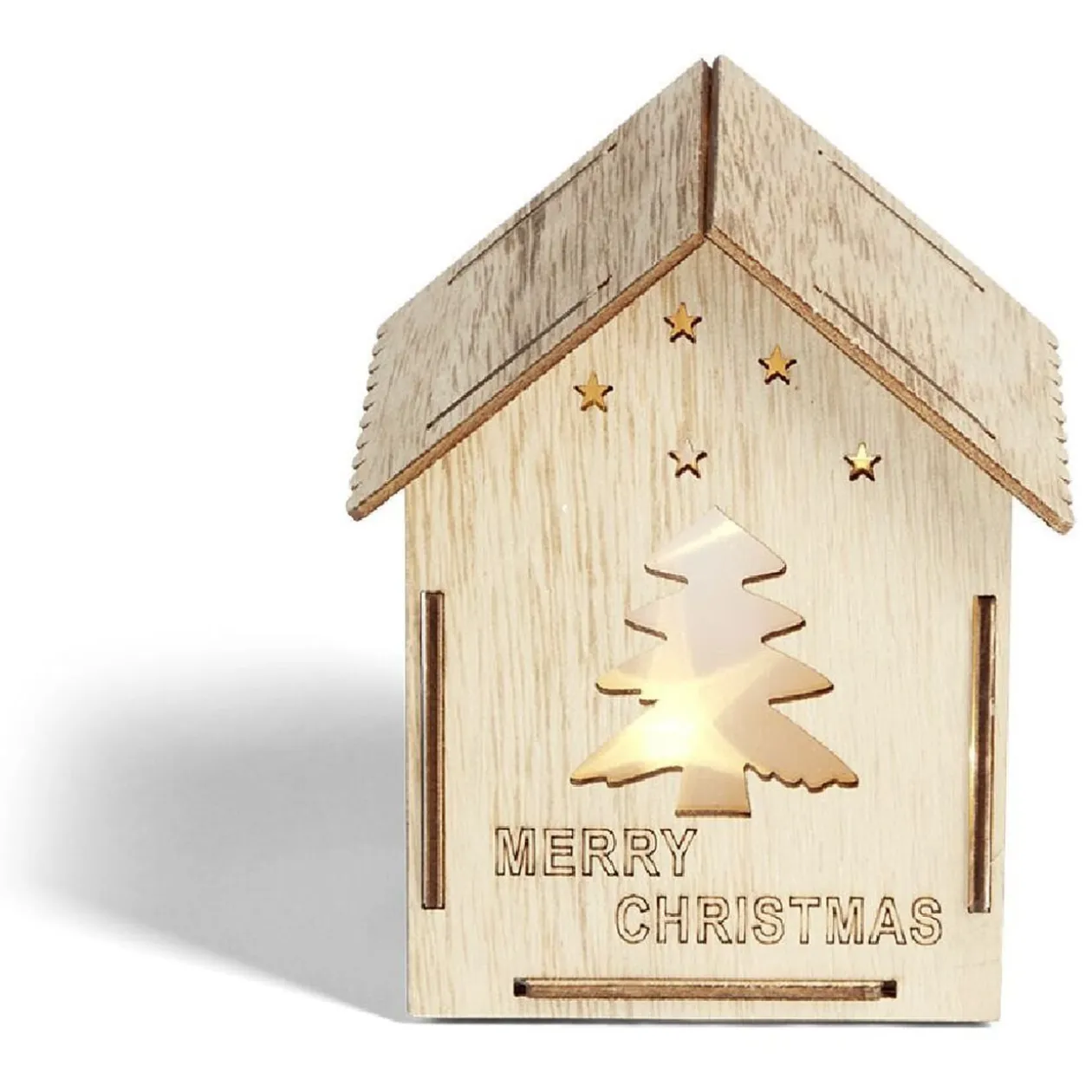 Maison lumineuse Noël en bois motif sapin 5LED blanc chaud H10,5cm