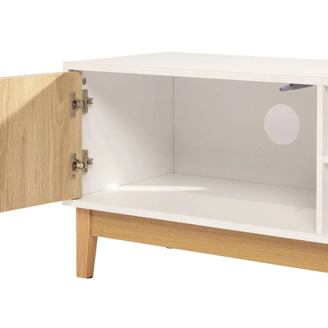Meuble TV Lida 2 niches 1 porte en bois naturel et blanc
