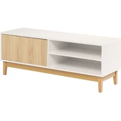 Meuble TV Lida 2 niches 1 porte en bois naturel et blanc