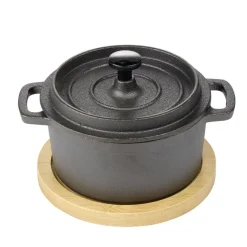 Mini cocotte en fonte avec support bambou L13X11X8 cm noir