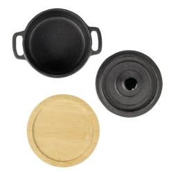 Mini cocotte en fonte avec support bambou L13X11X8 cm noir