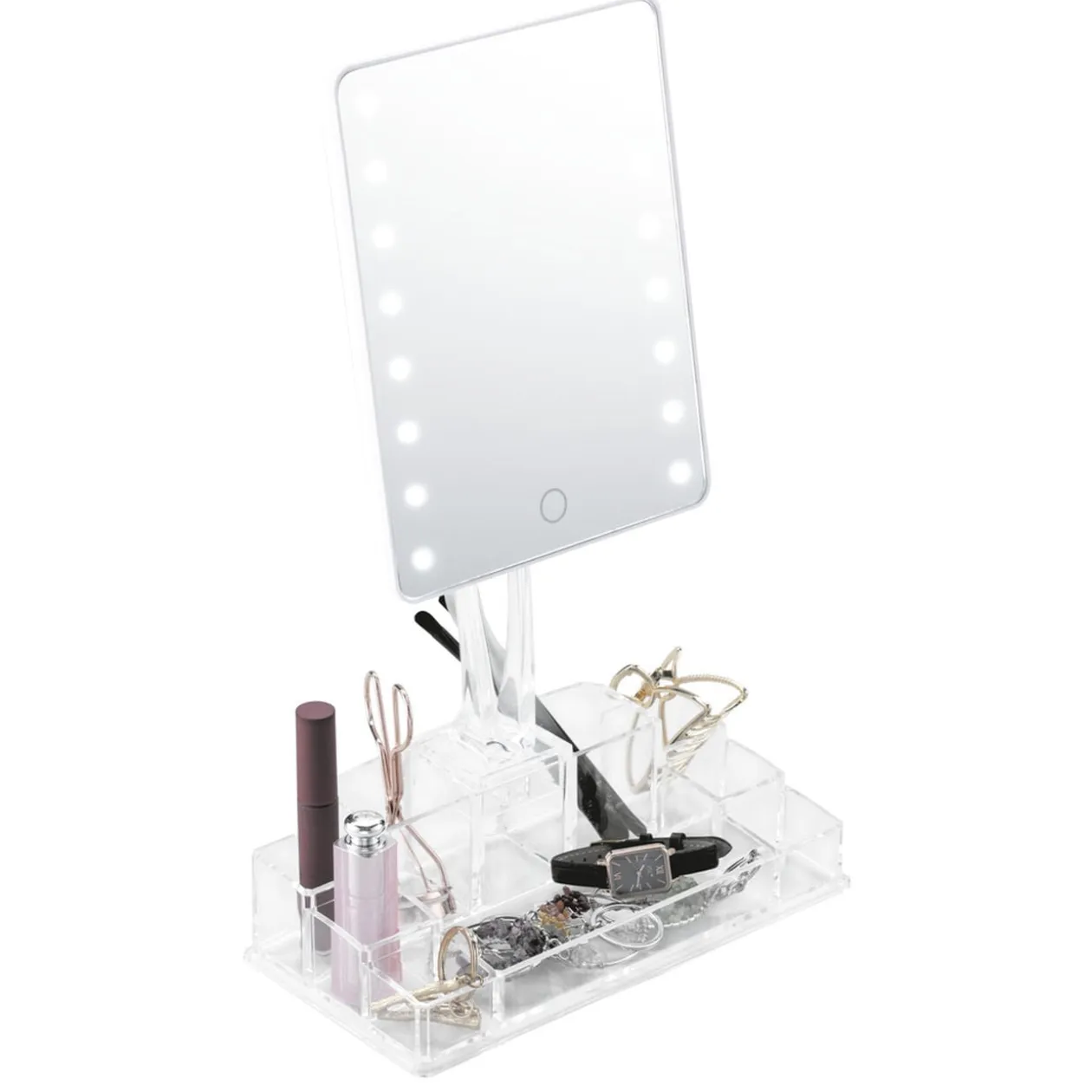 Miroir LED avec rangement cosmétique 9 compartiments