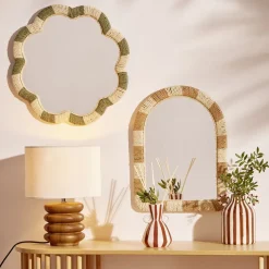 Miroir mural bord ondulé corde tressée beige et vert Ø39,5cm < Gifi Outlet