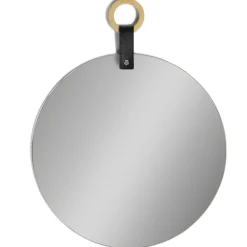 Miroir rond avec poignée simili et bois Ø35cm
