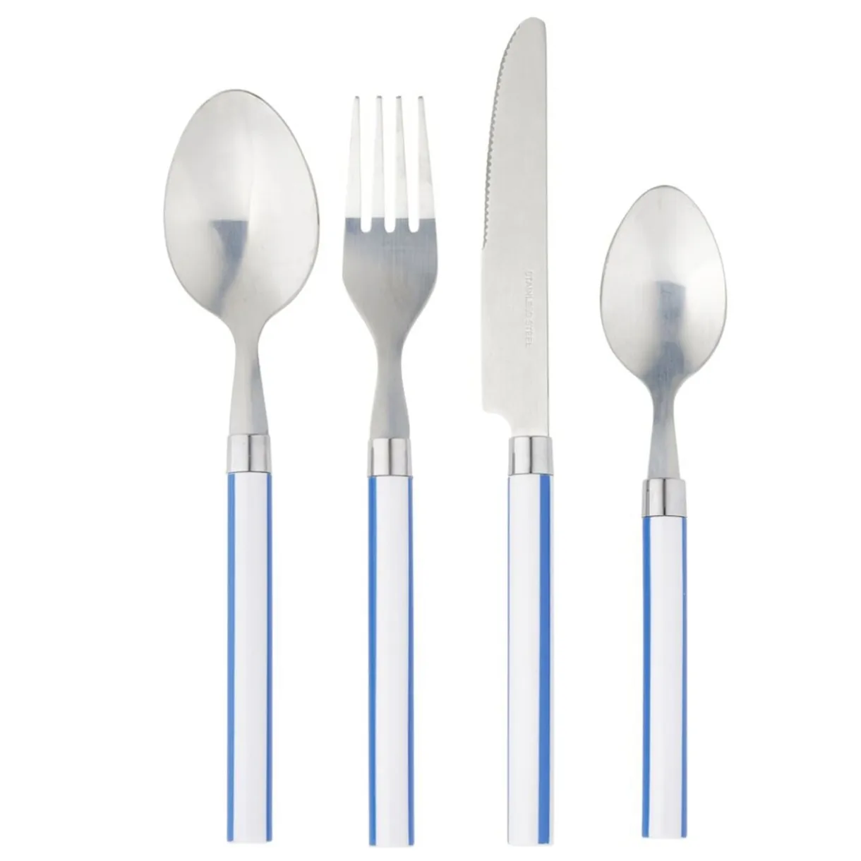 Ménagère 16 pièces inox et plastique bayadère blanc et bleu < Gifi Outlet