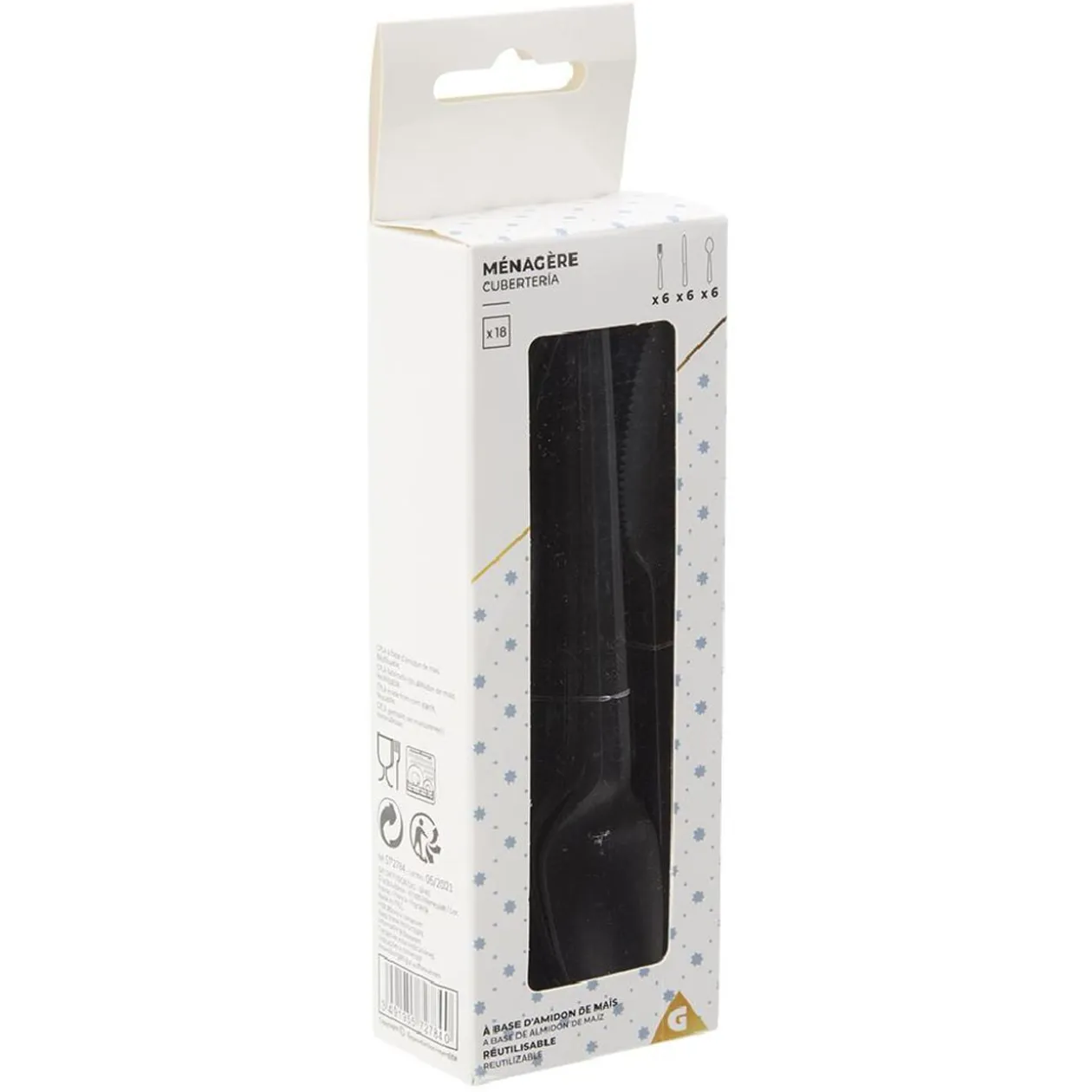 Ménagère réutilisable noir 18 couverts à base d'amidon de maïs