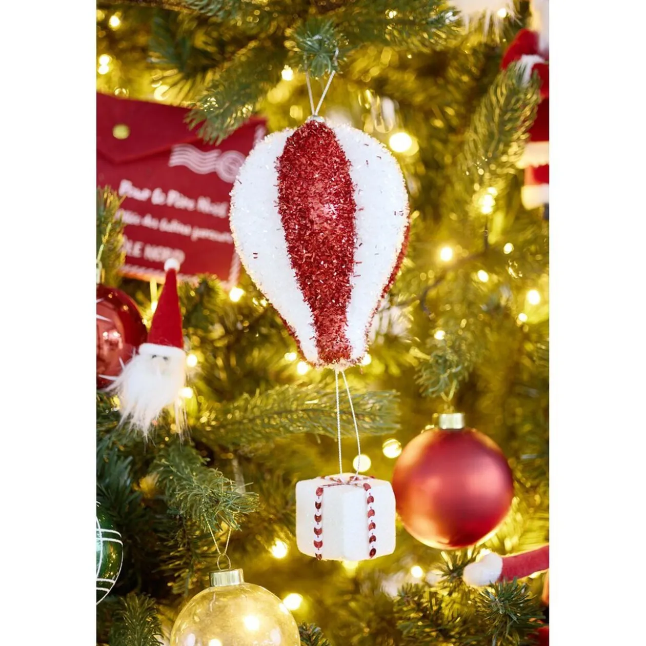 Montgolfière de Noël brillante rouge et blanc à suspendre H17cm