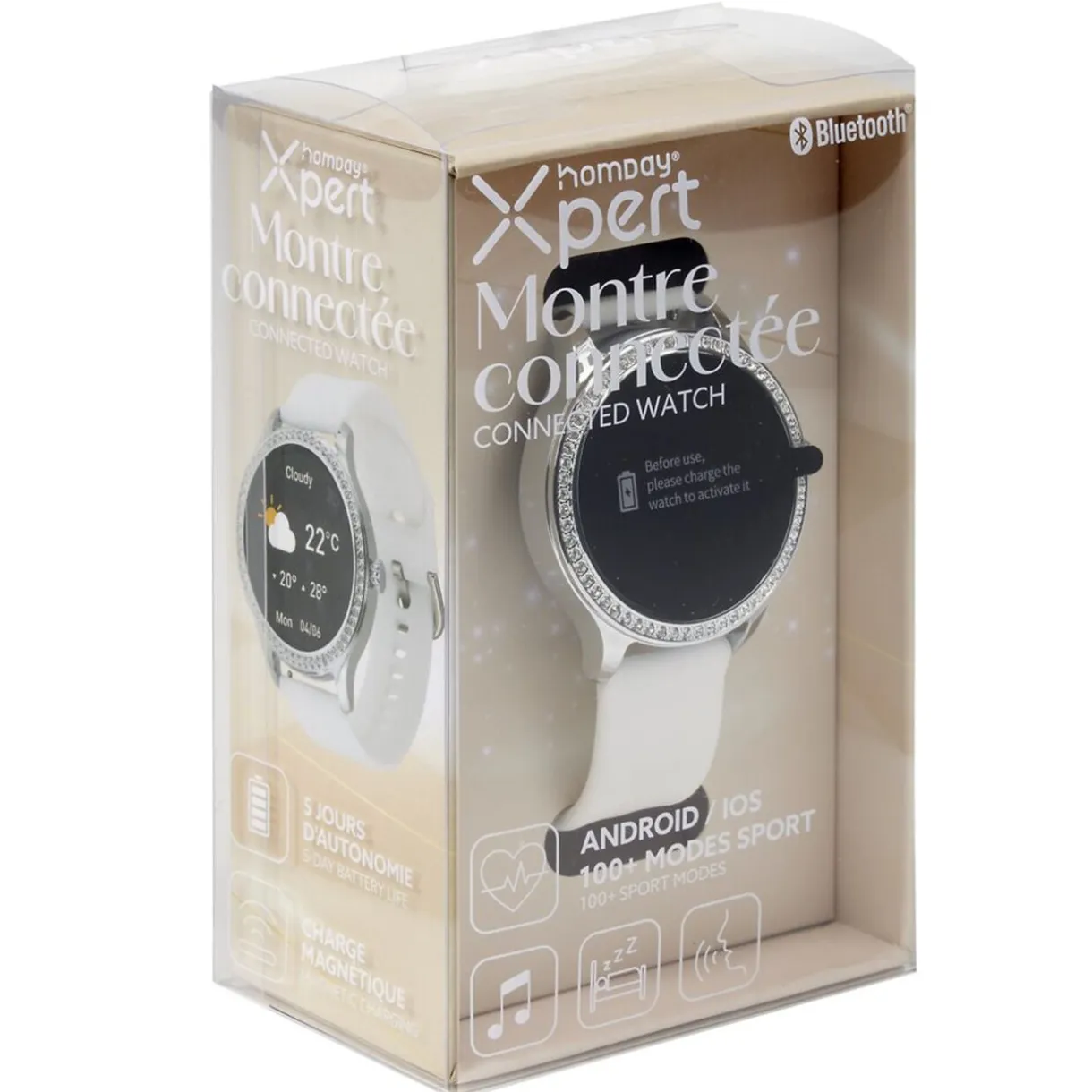 Montre connectée ronde strass bracelet silicone Ø5cm (2 modèles blanc ou rose) < Gifi New