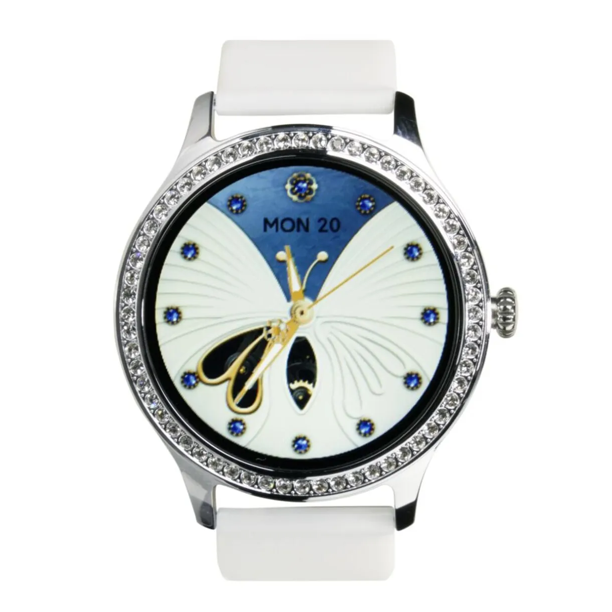 Montre connectée ronde strass bracelet silicone Ø5cm (2 modèles blanc ou rose) < Gifi New