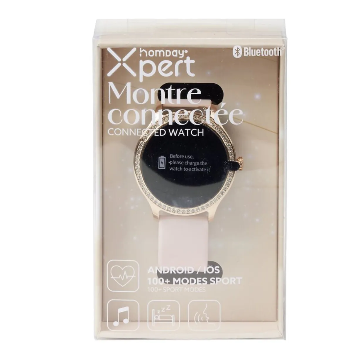Montre connectée ronde strass bracelet silicone Ø5cm (2 modèles blanc ou rose) < Gifi New