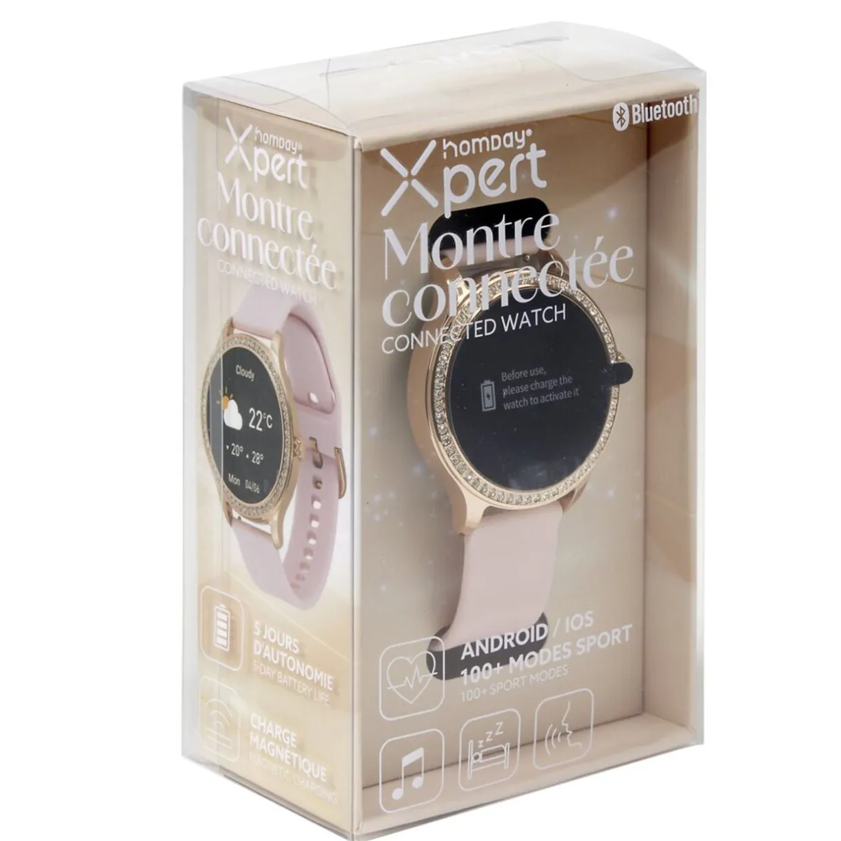 Montre connectée ronde strass bracelet silicone Ø5cm (2 modèles blanc ou rose) < Gifi New