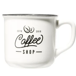 Mug café en porcelaine effet email blanc bord noir Coffee shop 33cl H8,5cm