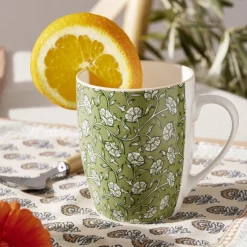 Mug céramique motif floral Indie Ø9,5xH8cm (2 modèles beige ou vert)