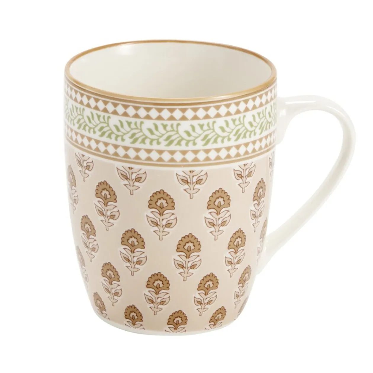 Mug céramique motif floral Indie Ø9,5xH8cm (2 modèles beige ou vert)