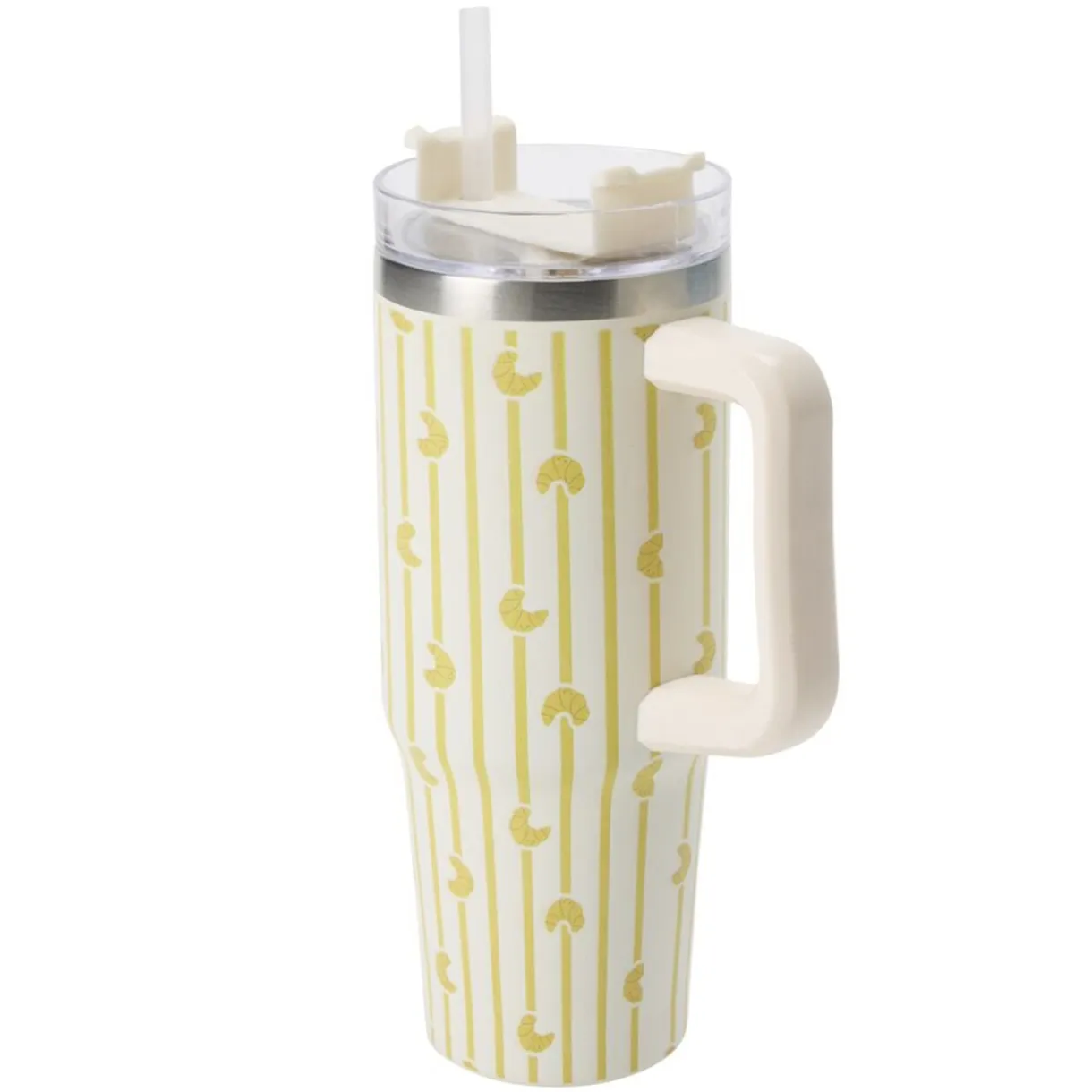 Mug de transport XL inox et plastique imprimé croissant et rayures avec anse H24cm < Gifi Hot