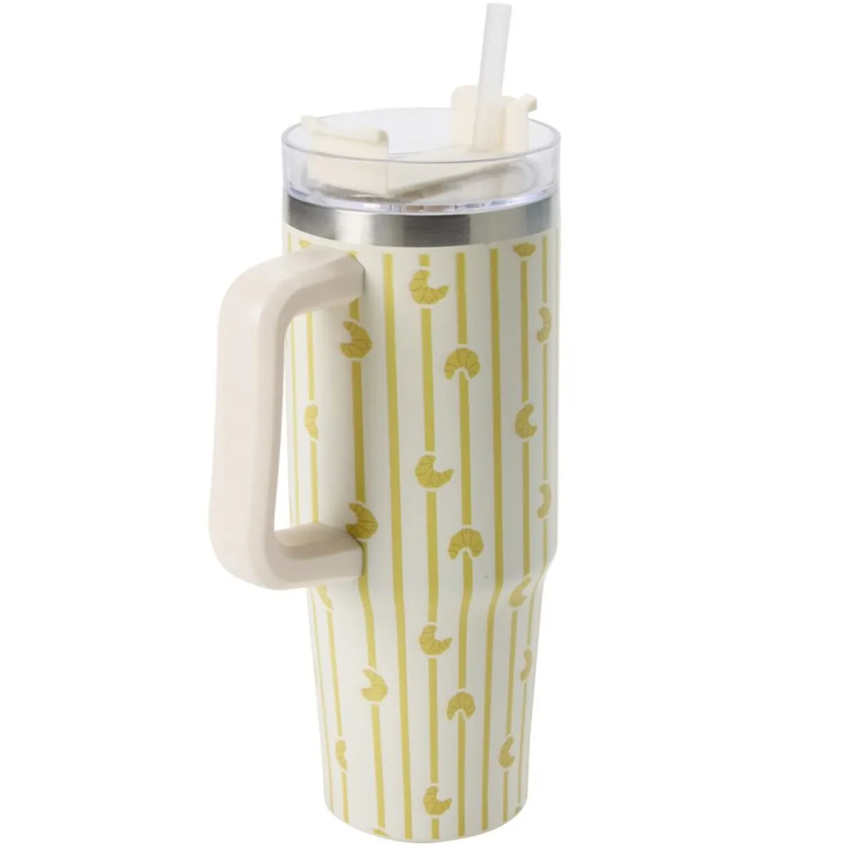 Mug de transport XL inox et plastique imprimé croissant et rayures avec anse H24cm < Gifi Hot