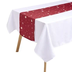 Nappe en tissu blanc avec chemin de table rouge motif Noël 140x250cm