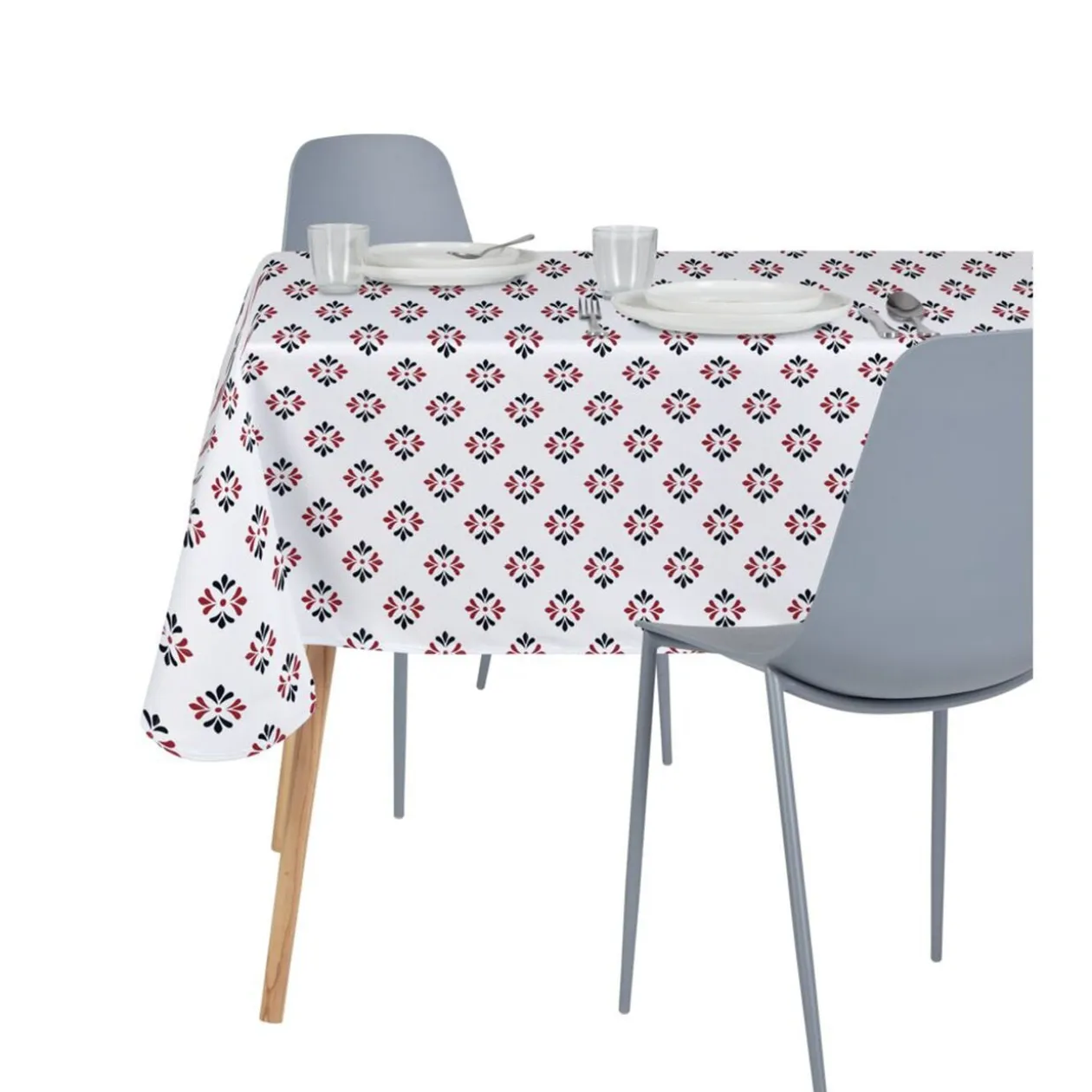 Nappe rectangulaire tissu Dakar motif fleur rouge et blanc 140x250cm