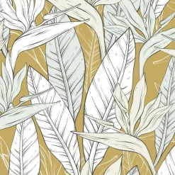 Nappe ronde tissu motif feuillage jaune curry et blanc Ø160cm